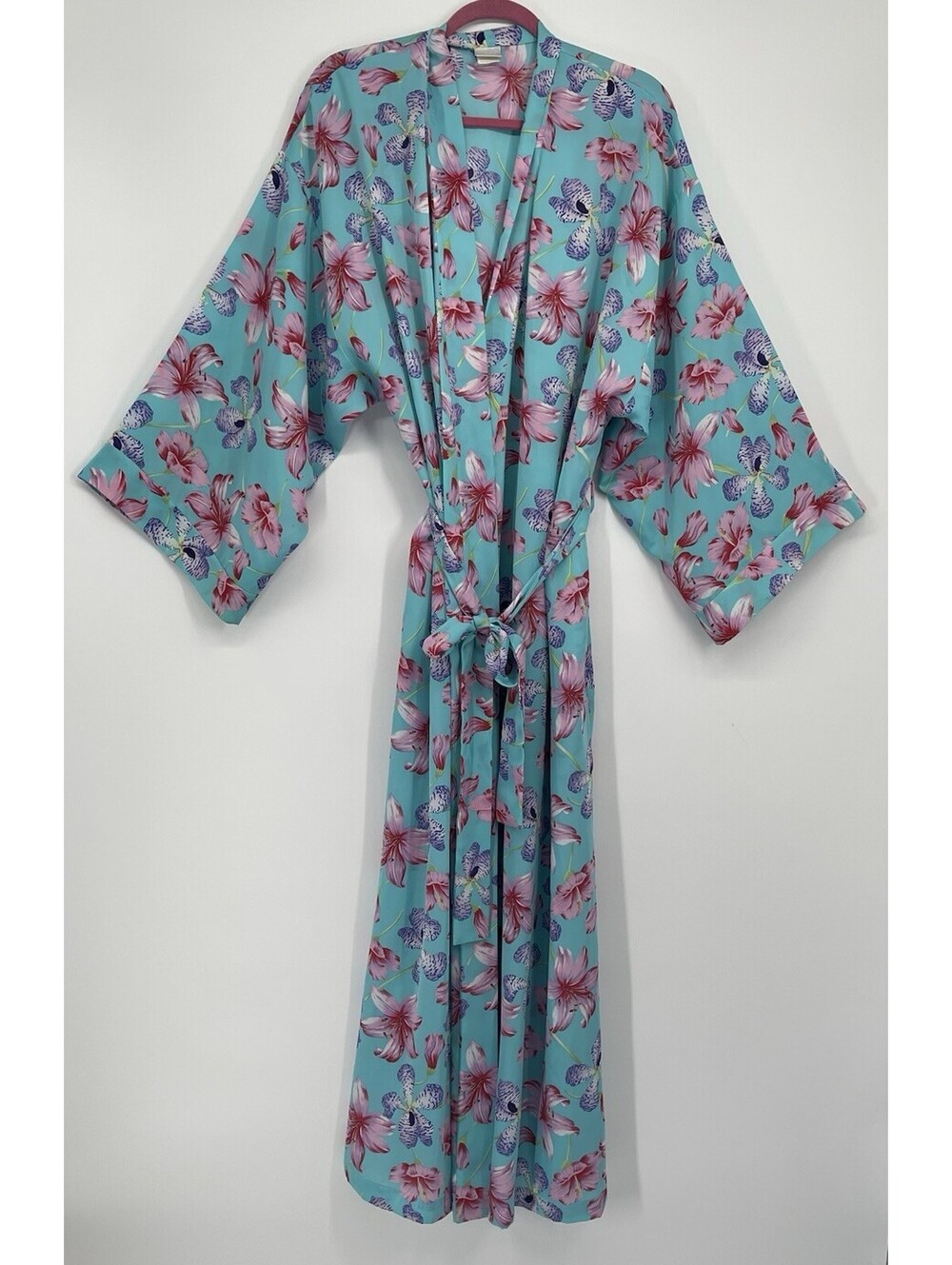 Natori Orchid Floral Kimono Robe Turquoise Pink Long Belted Lounge One Size